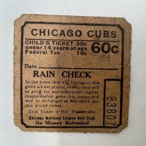 Vintage Chicago Cubs Wrigley Childs Ticket Stub Rain Check 60cents